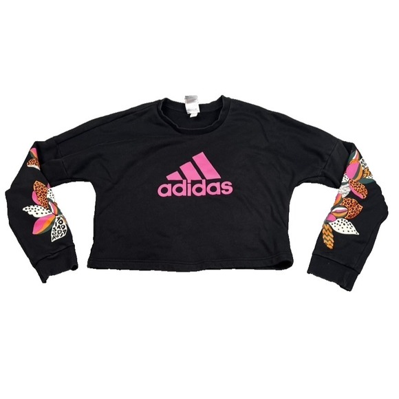 adidas Tops - Adidas X Farm Rio Cropped Logo Sweatshirt Floral Print Black Pink Size SMALL